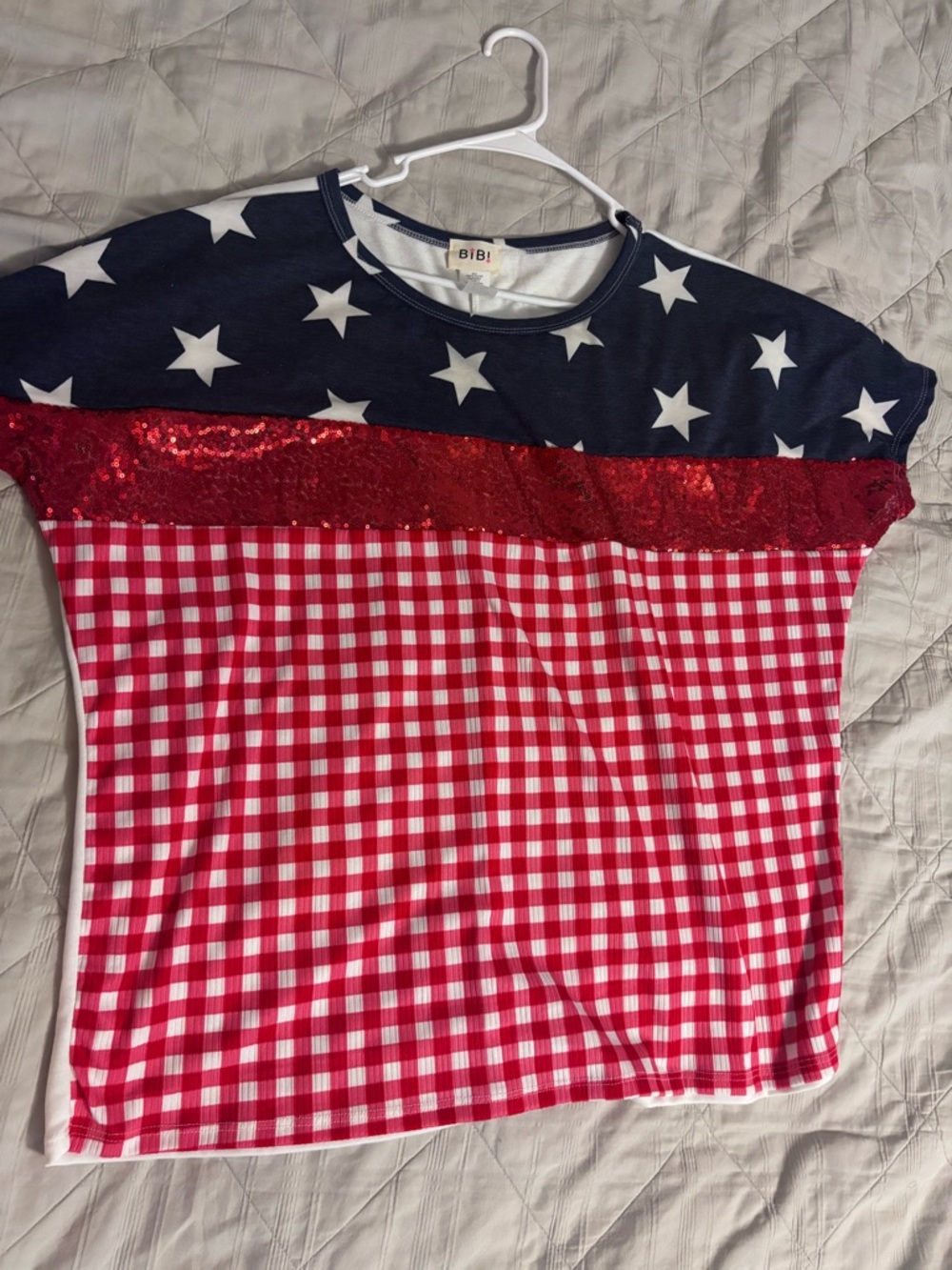 BiBi Red, White & Navy Star Gingham Short Sleeve Top